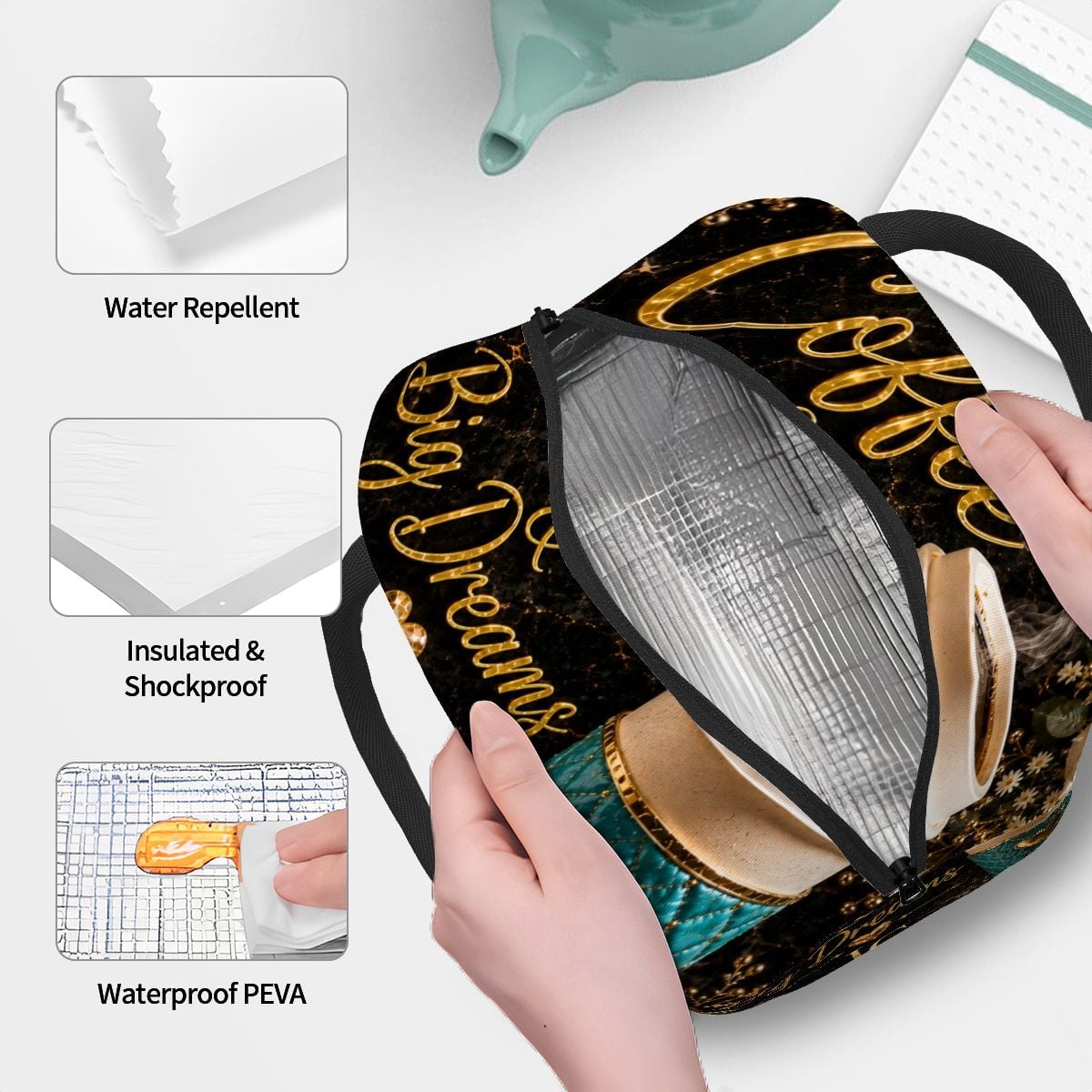 Fueled By Coffee Teal - Large Insulated Lunch Bag