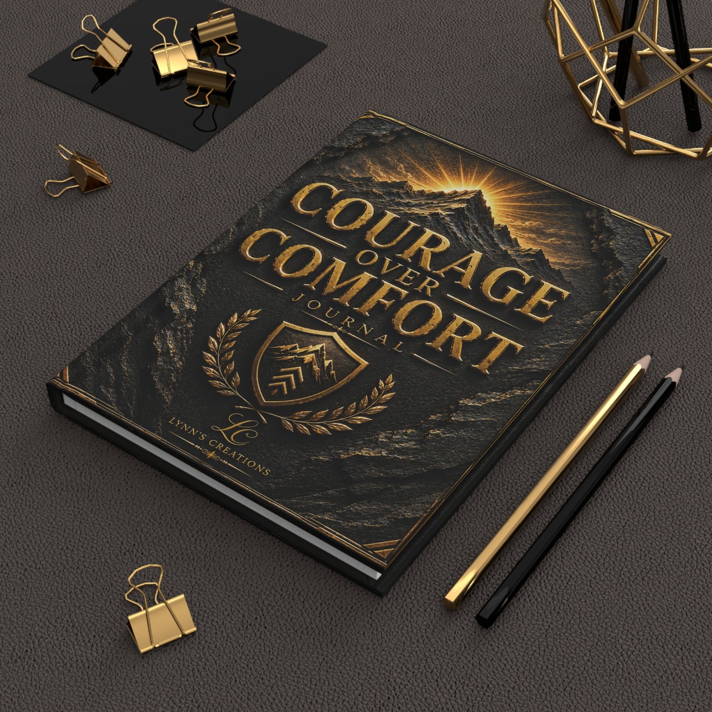Courage Over Comfort Hardcover Journal — Inspirational Mountain Shield Notebook