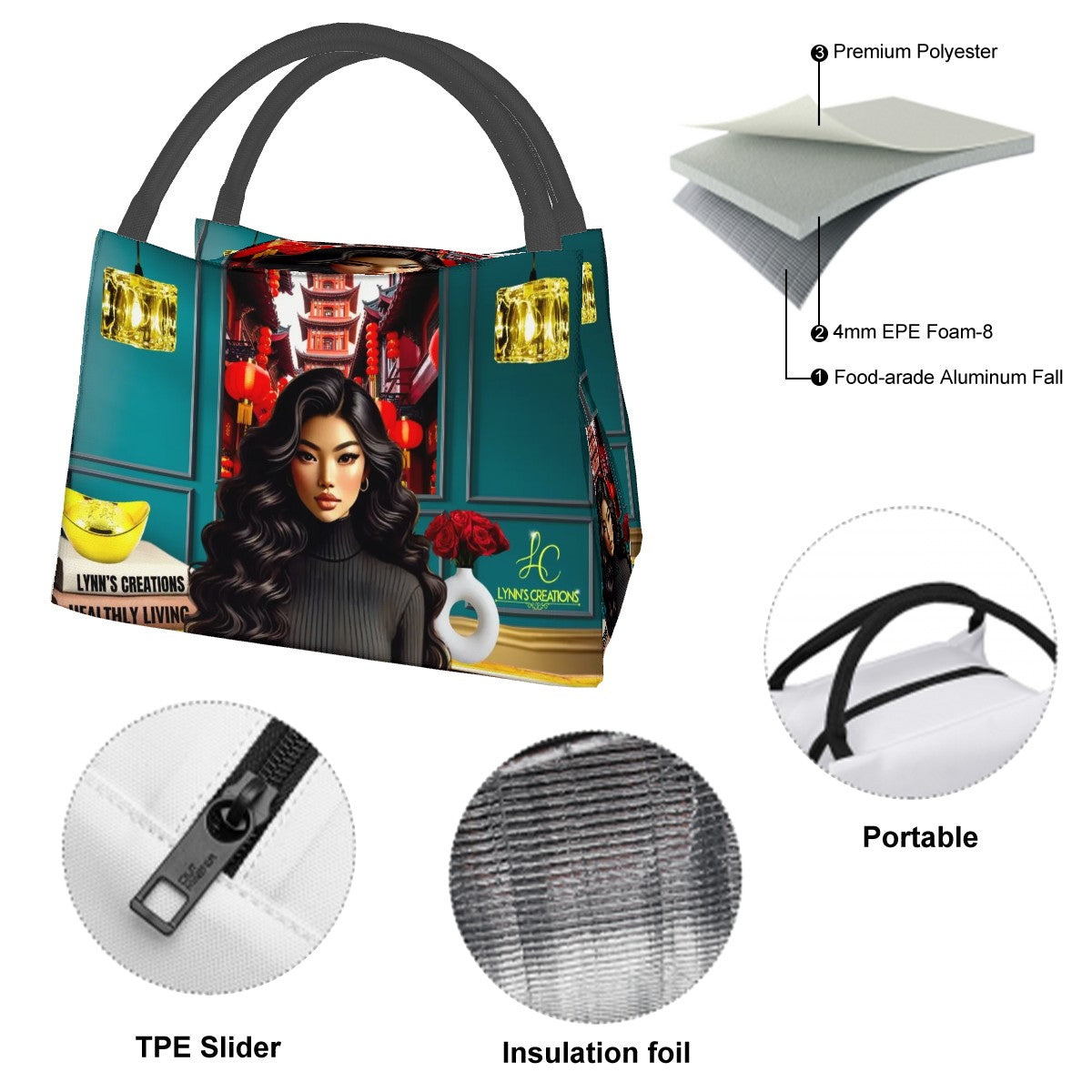 Sassy Asian Doll - Rectangle Insulated Lunch Bag with Aluminum Film