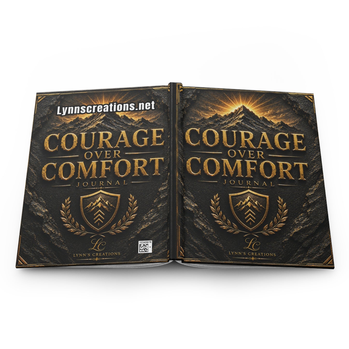 Courage Over Comfort Hardcover Journal — Inspirational Mountain Shield Notebook