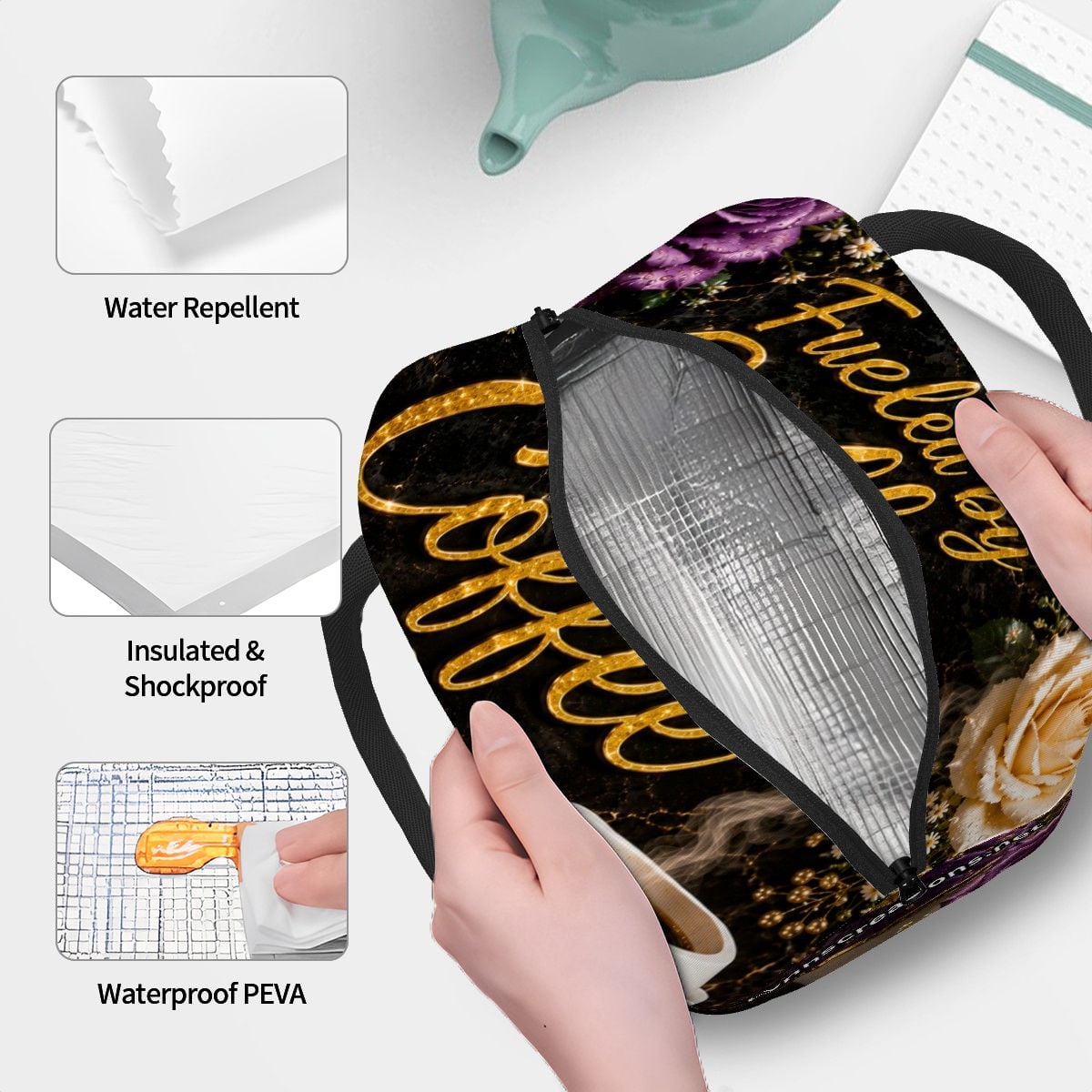 Fueled By Coffee Purple - Large Insulated Lunch Bag