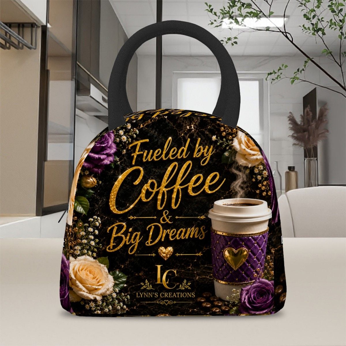 Fueled By Coffee Purple - Large Insulated Lunch Bag